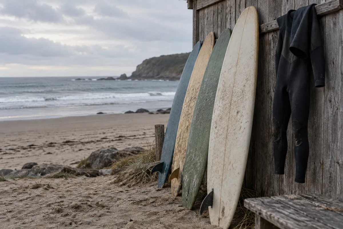 Planches de surf alignées contre un mur en bois devant une plage déserte